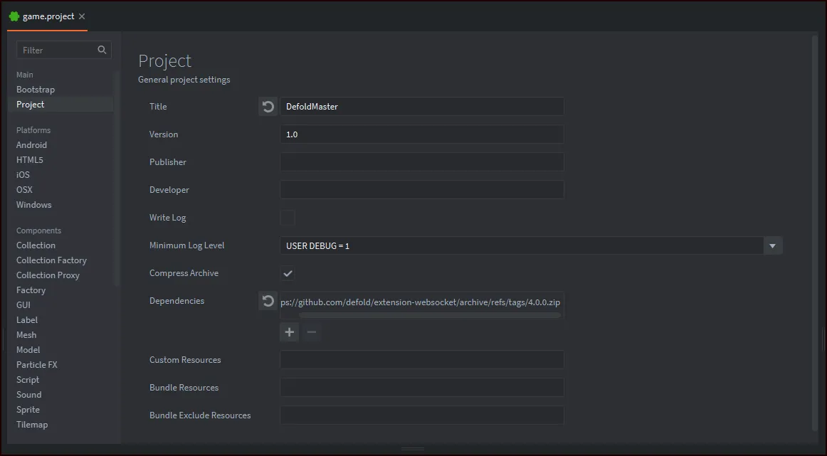Defold websocket connection settings